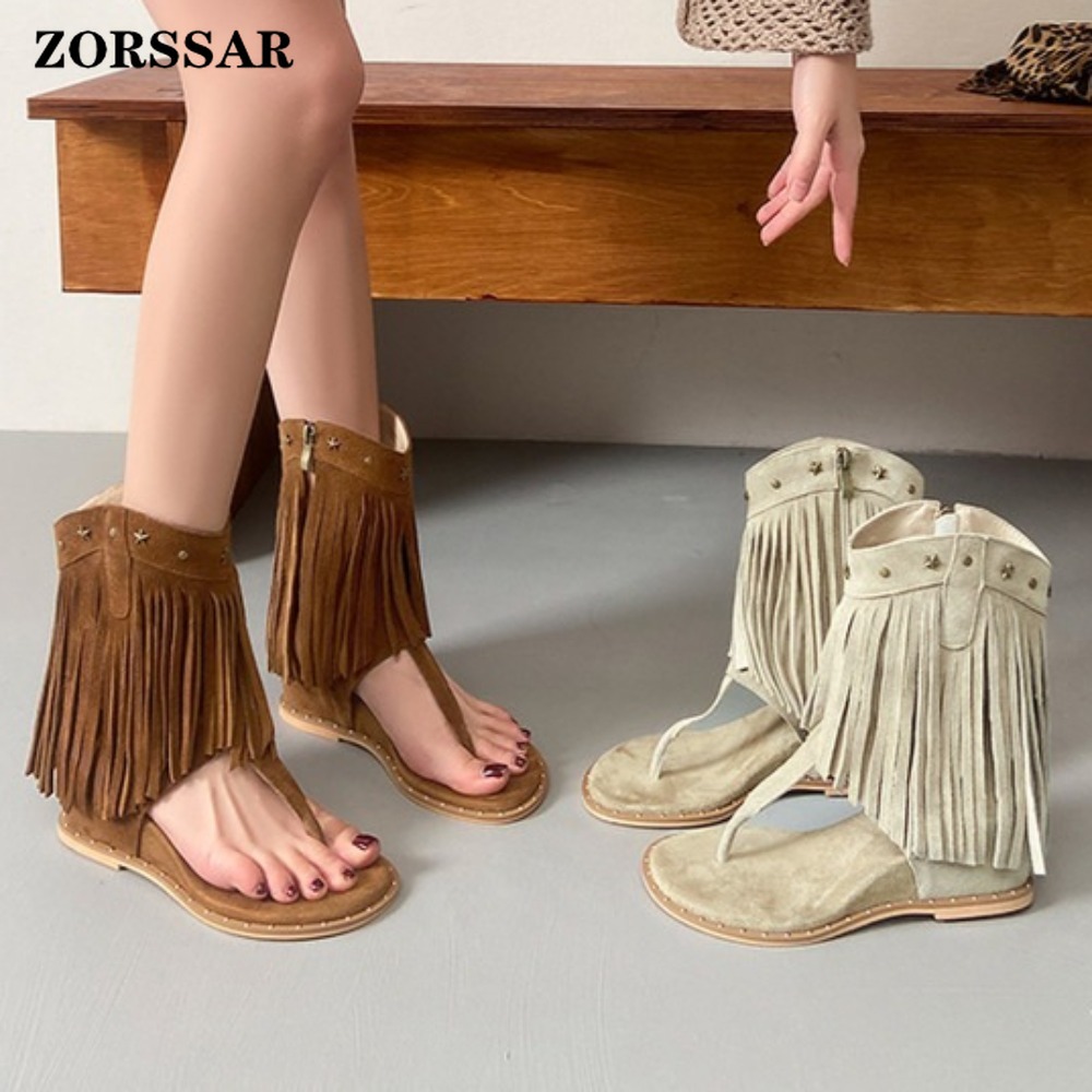 Women'S Fashion Boots - Women's Fringe Decor Studded Thong Toe