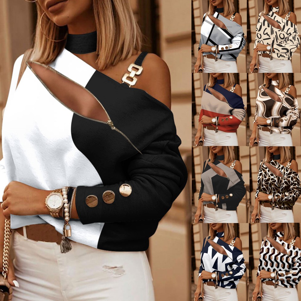 Women Fashion Blouse - Women's Off Shoulder Blouse with Button