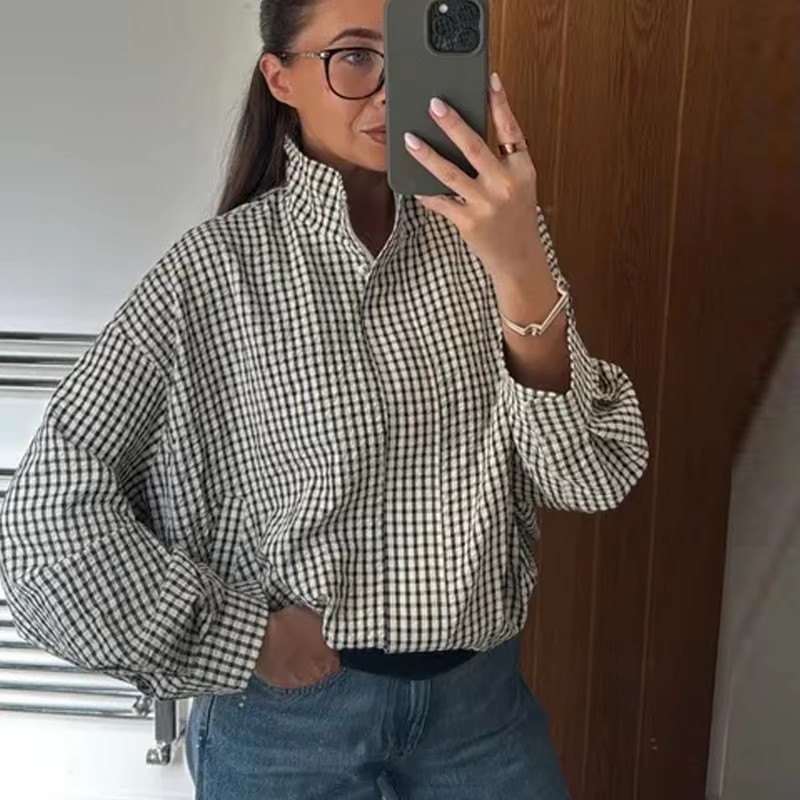 Women'S Fashion Bomber Jacket - Plaid Bomber Jacket Women Demi-Season Long