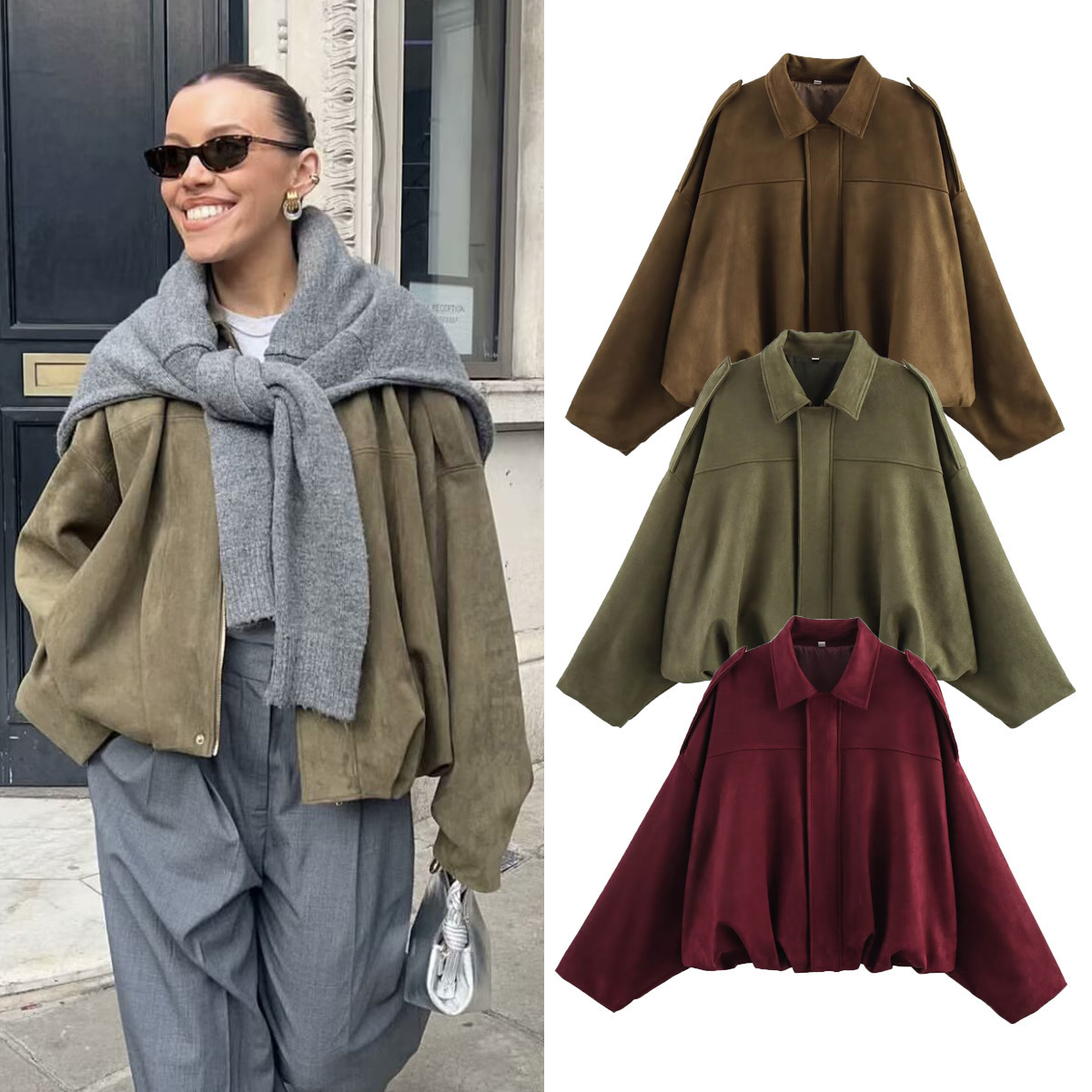 Women'S Fashion Bomber Jacket - Women Bomber Jackets Suede Texture Coats