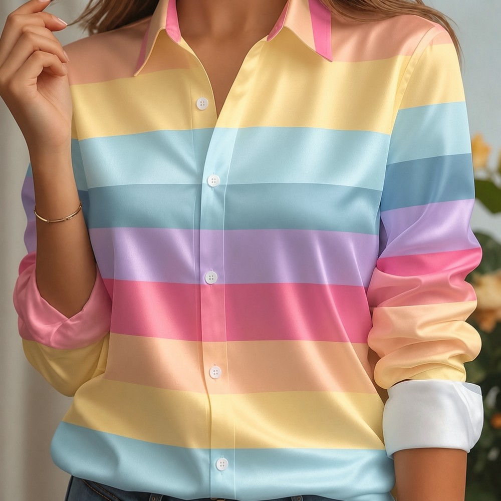 Women Fashion Blouse - Women Satin Lapel Collar Shirt Pastel