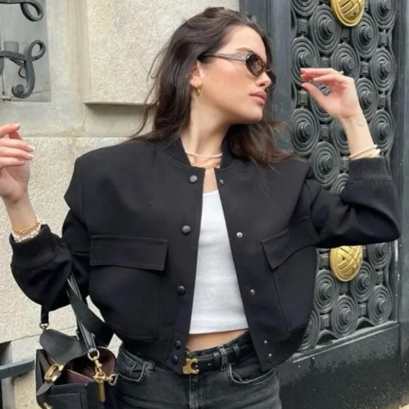 Women'S Fashion Bomber Jacket - HXAO Women's Bomber Jacket Crop Black