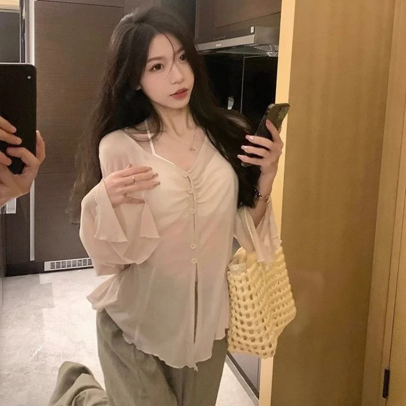 Women Fashion Blouse - Sheer Flare Sleeve Blouse - Y2K