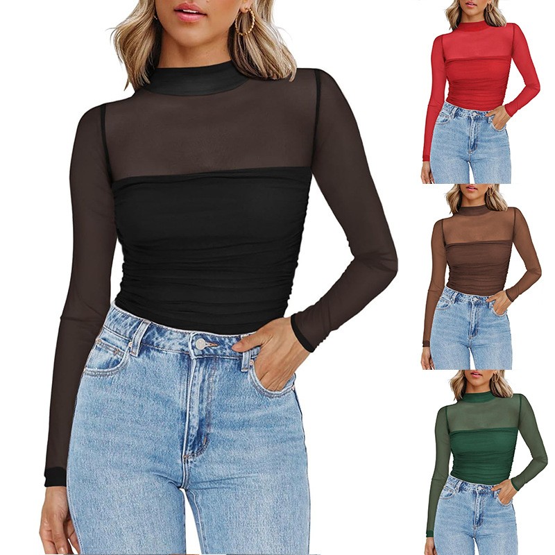 Women Fashion Blouse - Women's Solid Color Sheer Mesh Round